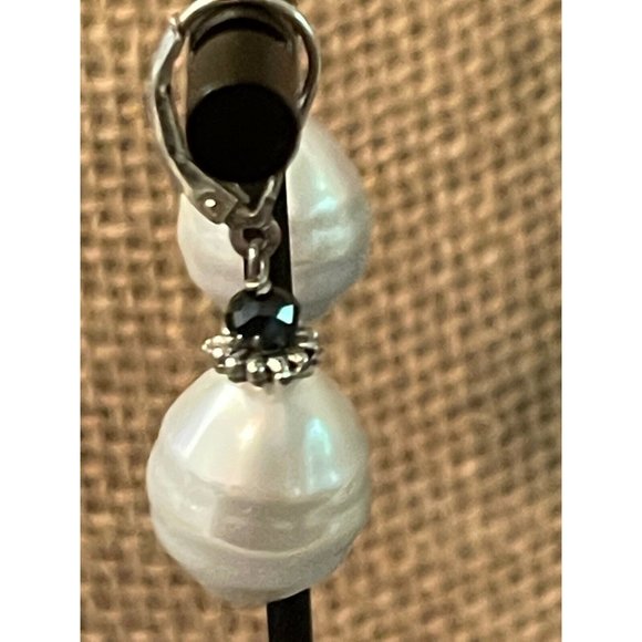 Sterling Silver Dangle Earrings Faux Pearl Blue Glass 1.5" - Picture 3 of 3